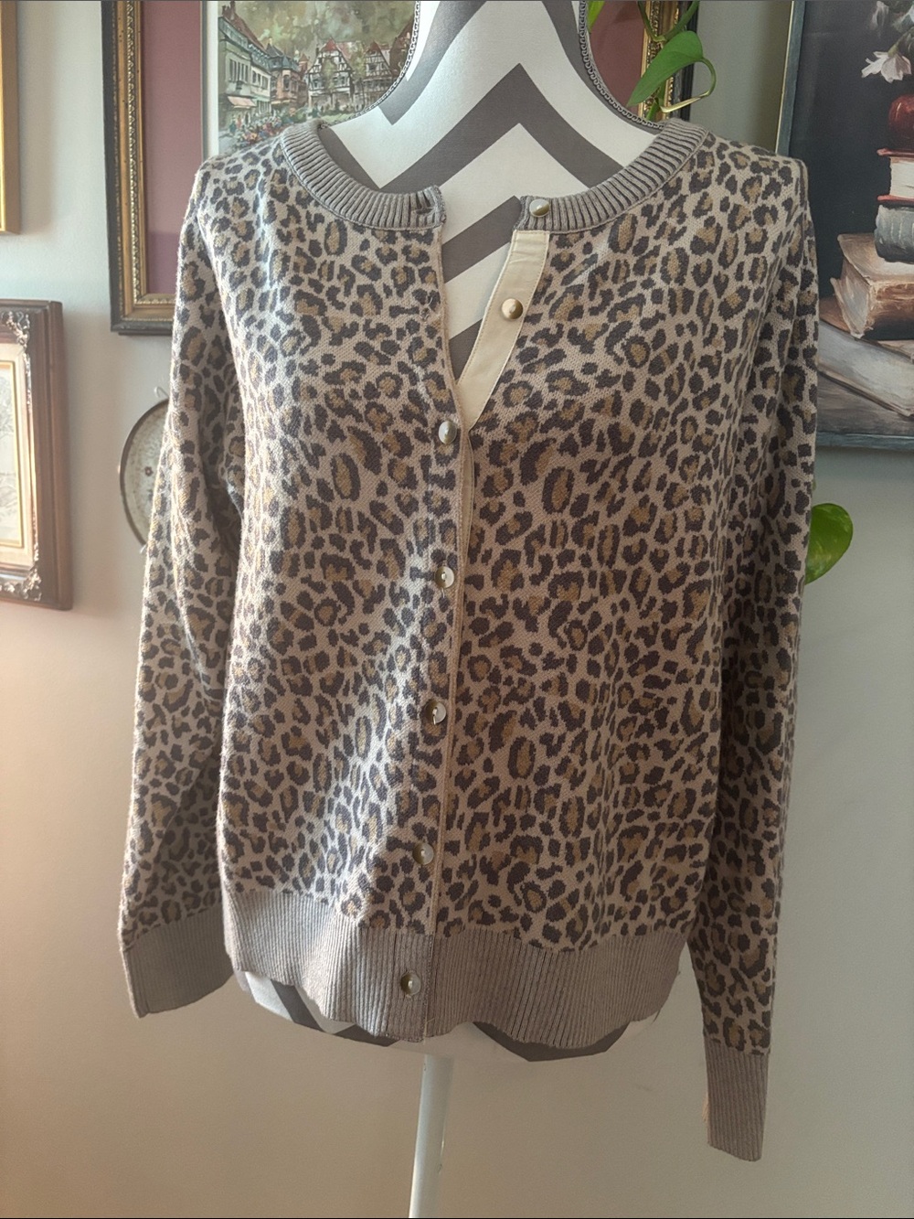 Leopard Print Button-Front Cardigan - Taupe